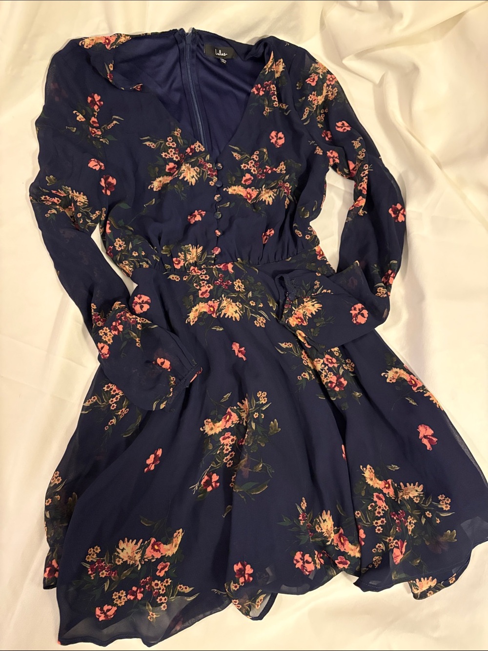 Lulu's Navy Floral V-Neck Fit & Flare Dress